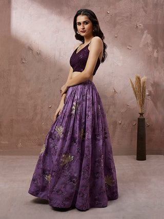 Lavender Organza Floral Printed Semi-Stitched Lehenga choli & Dupatta Clothsvilla