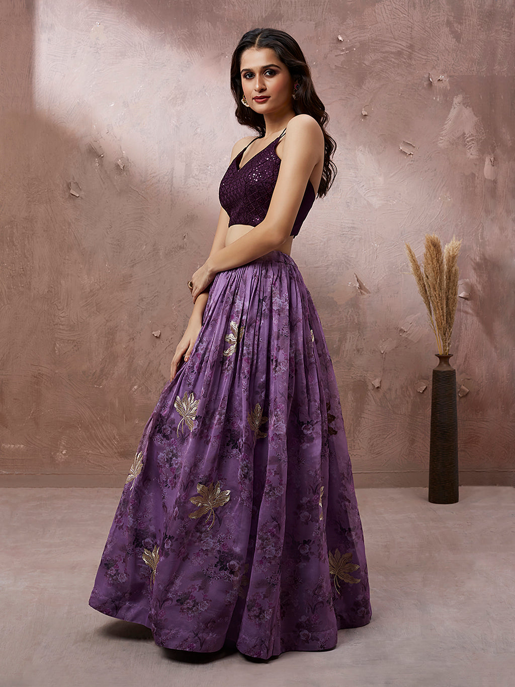 Lavender Organza Floral Printed Semi-Stitched Lehenga choli & Dupatta Clothsvilla