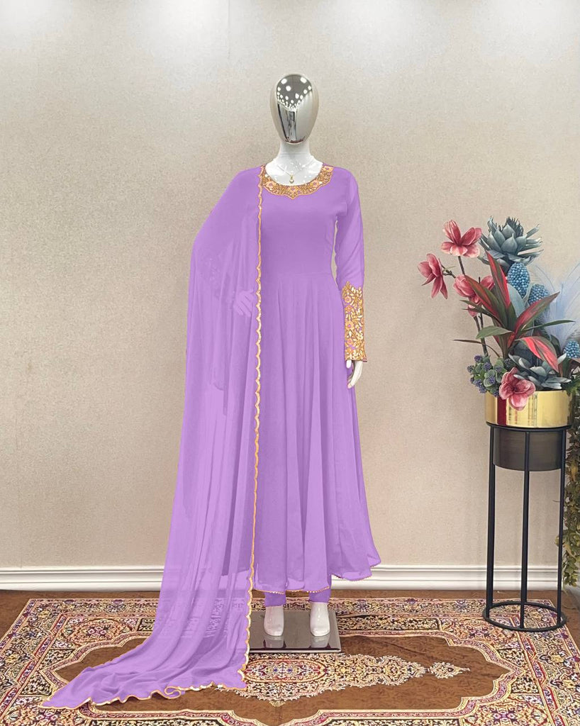 Lavender Premium Designer Party Wear Anarkali Gown, Dupatta & Bottom Set Clothsvilla