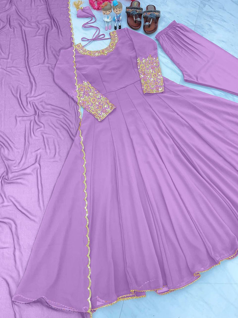 Lavender Premium Designer Party Wear Anarkali Gown, Dupatta & Bottom Set Clothsvilla