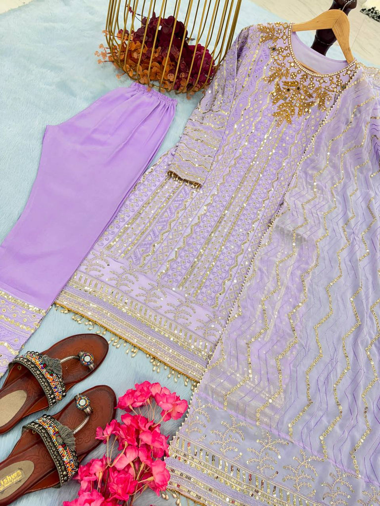 Lavender Premium Designer Party Wear Georgette Top, Bottom & Dupatta Set Clothsvilla