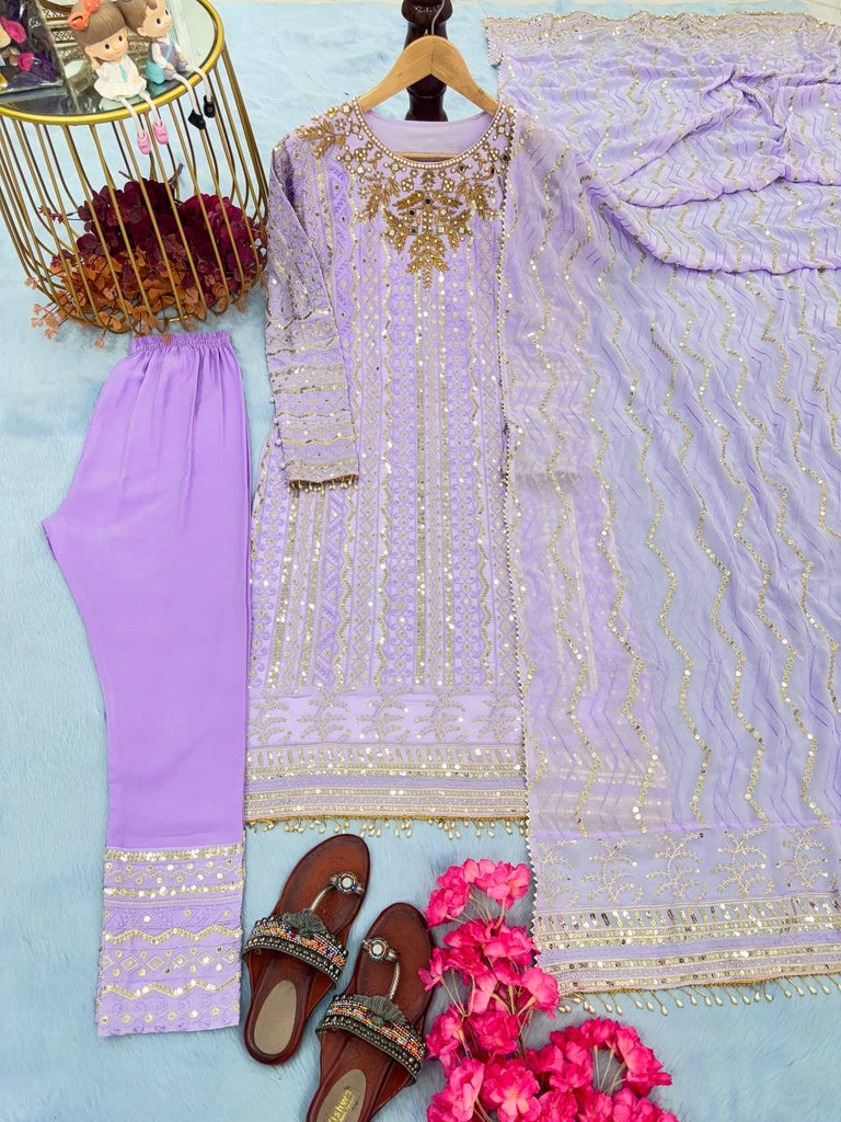 Lavender Premium Designer Party Wear Georgette Top, Bottom & Dupatta Set Clothsvilla