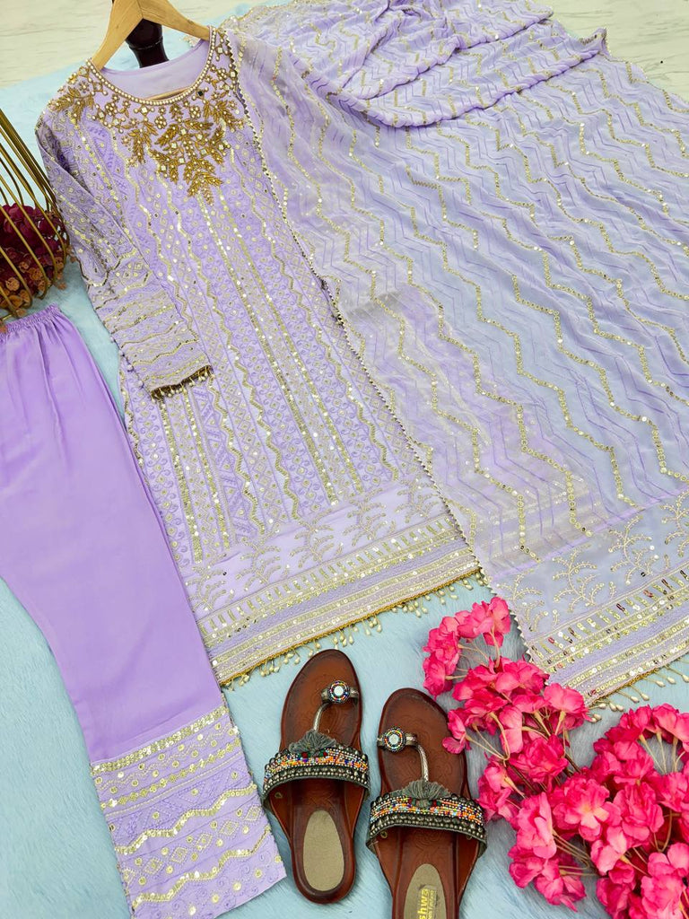 Lavender Premium Designer Party Wear Georgette Top, Bottom & Dupatta Set Clothsvilla