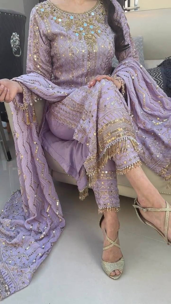 Lavender Premium Designer Party Wear Georgette Top, Bottom & Dupatta Set Clothsvilla