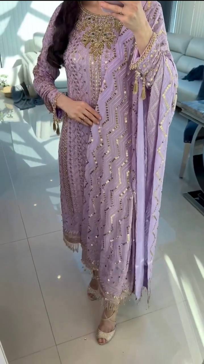 Lavender Premium Designer Party Wear Georgette Top, Bottom & Dupatta Set Clothsvilla Main image