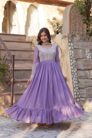 Lavender Premium Designer Readymade Gown with Dupatta ClothsVilla