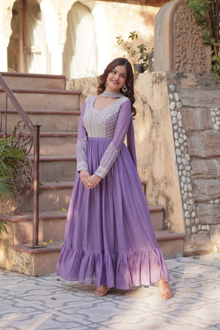 Lavender Premium Designer Readymade Gown with Dupatta ClothsVilla