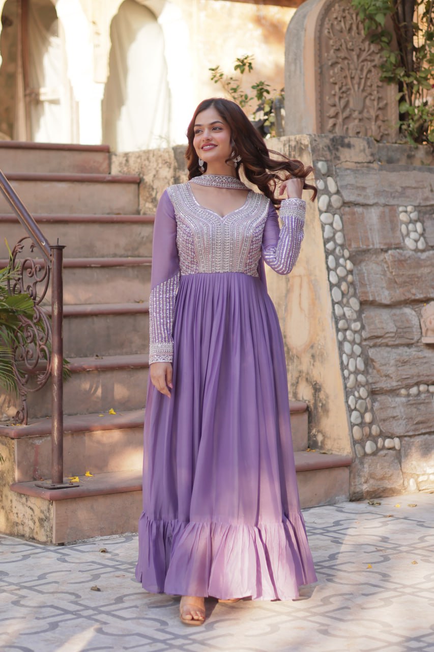 Lavender Premium Designer Readymade Gown with Dupatta ClothsVilla