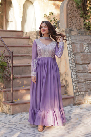 Lavender Premium Designer Readymade Gown with Dupatta ClothsVilla