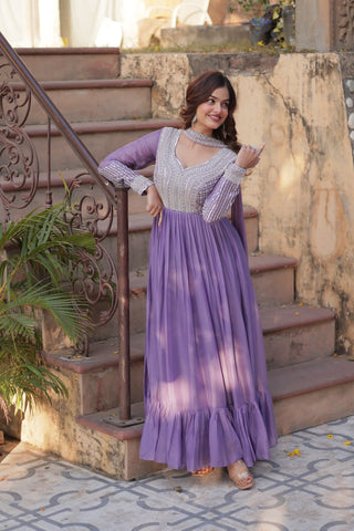 Lavender Premium Designer Readymade Gown with Dupatta ClothsVilla