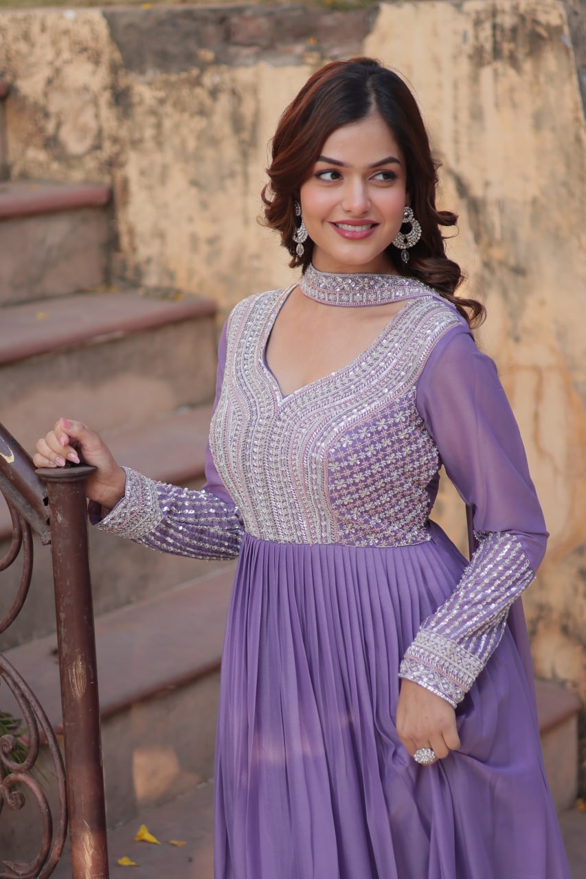 Lavender Premium Designer Readymade Gown with Dupatta ClothsVilla
