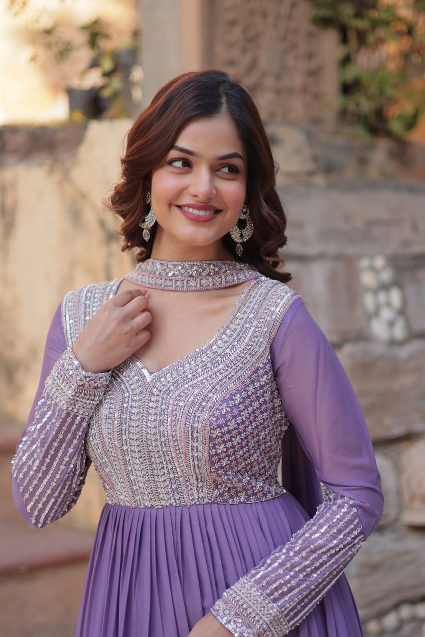 Lavender Premium Designer Readymade Gown with Dupatta ClothsVilla