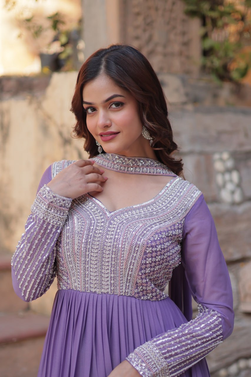 Lavender Premium Designer Readymade Gown with Dupatta ClothsVilla