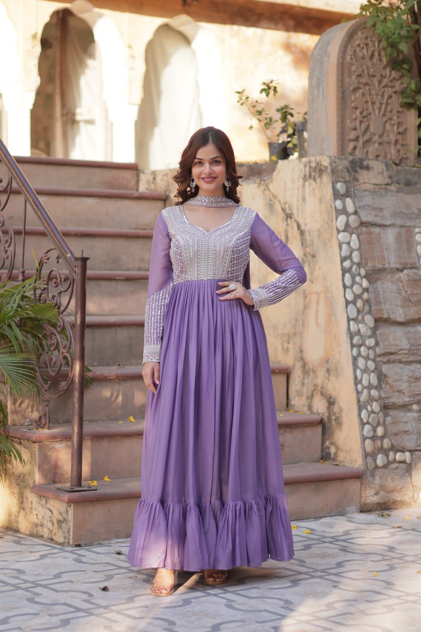 Lavender Premium Designer Readymade Gown with Dupatta ClothsVilla Main image