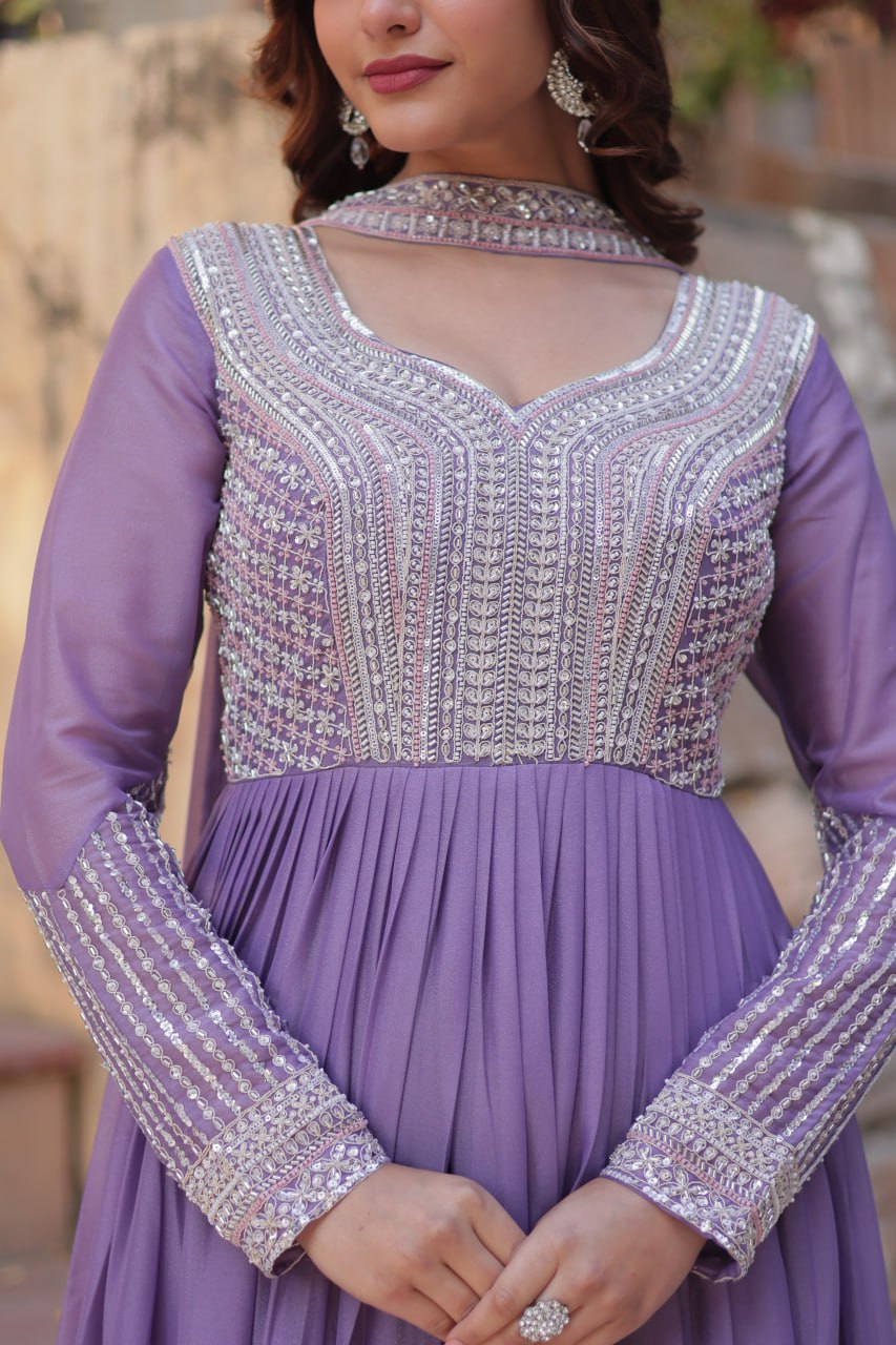 Lavender Premium Designer Readymade Gown with Dupatta ClothsVilla