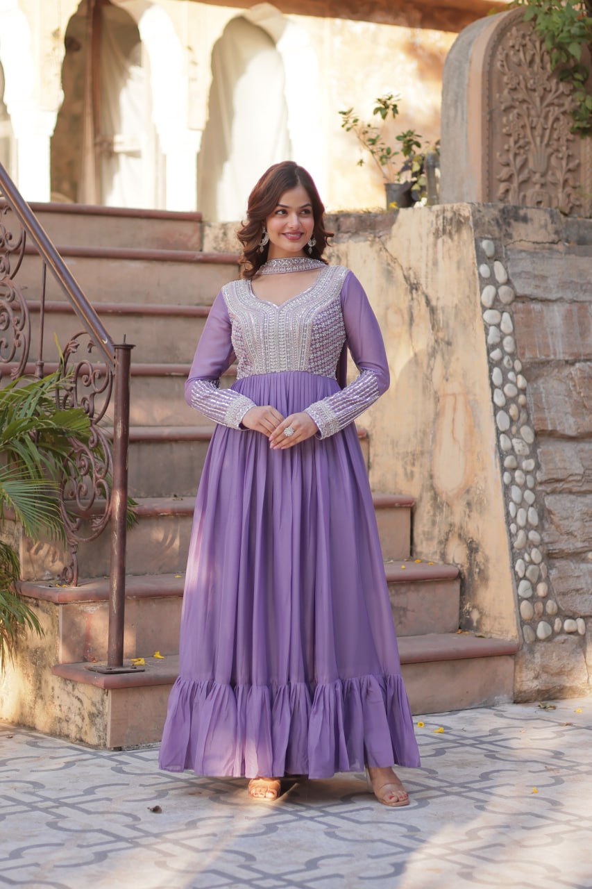 Lavender Premium Designer Readymade Gown with Dupatta ClothsVilla