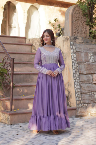 Lavender Premium Designer Readymade Gown with Dupatta ClothsVilla