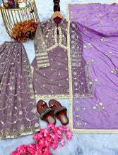 Load image into Gallery viewer, Lavender Premium Designer Readymade Twil Gold Net Top &amp; Palazzo Party Wear Collection