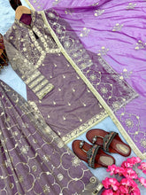 Load image into Gallery viewer, Lavender Premium Designer Readymade Twil Gold Net Top &amp; Palazzo Party Wear Collection