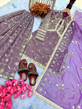 Load image into Gallery viewer, Lavender Premium Designer Readymade Twil Gold Net Top &amp; Palazzo Party Wear Collection