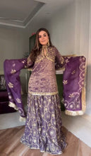 Load image into Gallery viewer, Lavender Premium Designer Readymade Twil Gold Net Top &amp; Palazzo Party Wear Collection