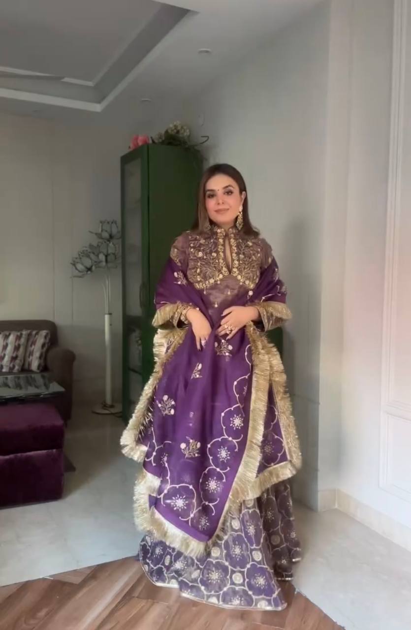 Lavender Premium Designer Readymade Twil Gold Net Top & Palazzo Party Wear Collection Main image