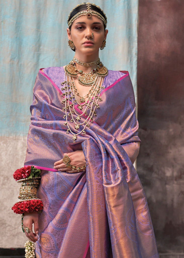 Lavender Regal Banarasi Silk Saree with Gold & Silver Zari Brocade Work ClothsVilla