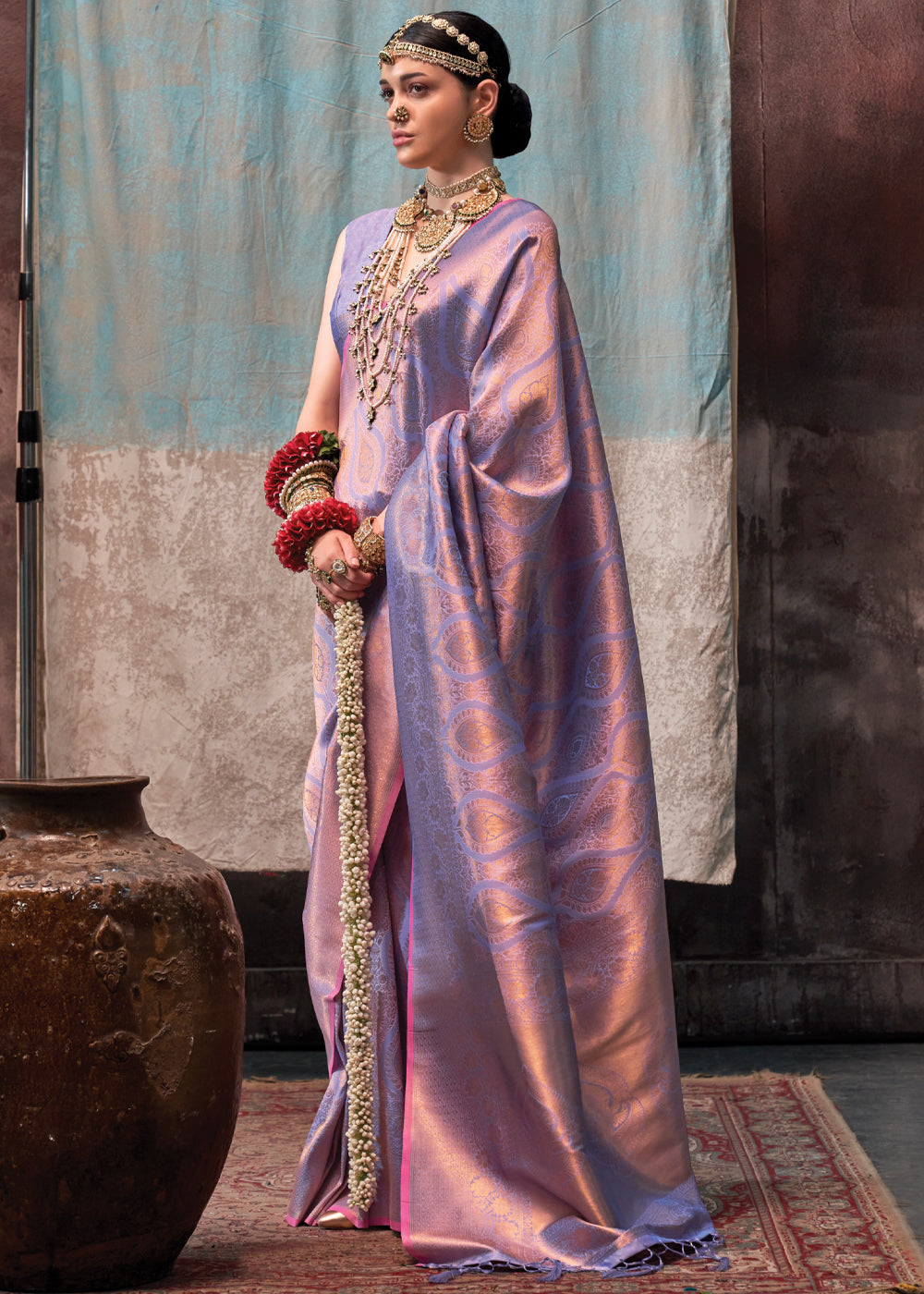Lavender Regal Banarasi Silk Saree with Gold & Silver Zari Brocade Work ClothsVilla Main image