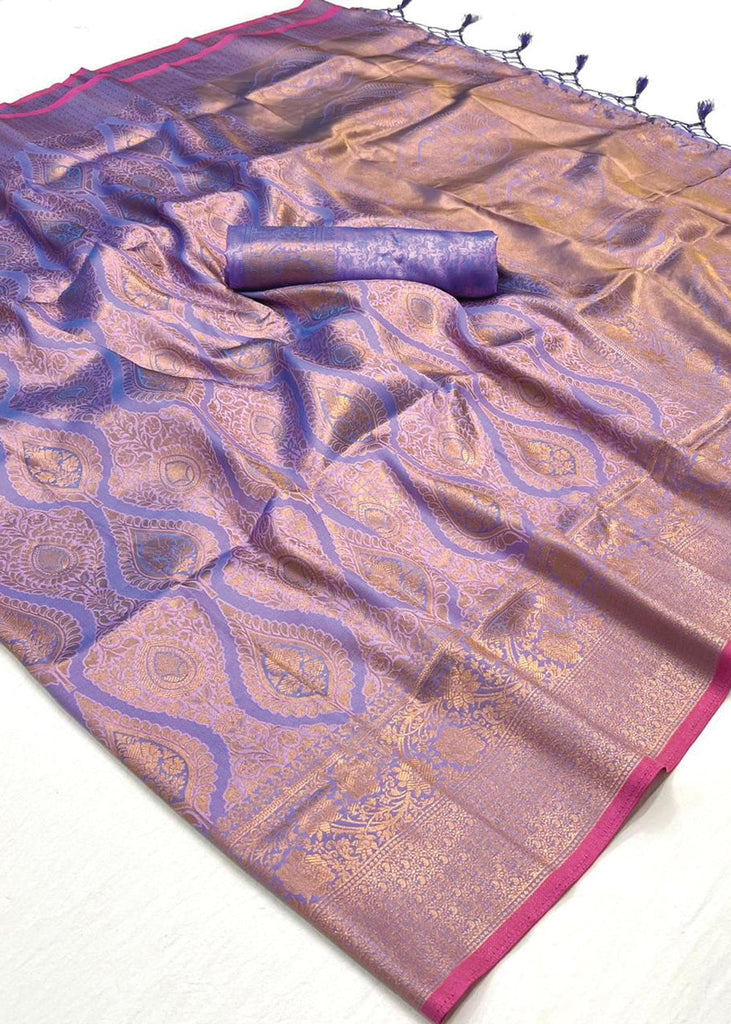 Lavender Regal Banarasi Silk Saree with Gold & Silver Zari Brocade Work ClothsVilla