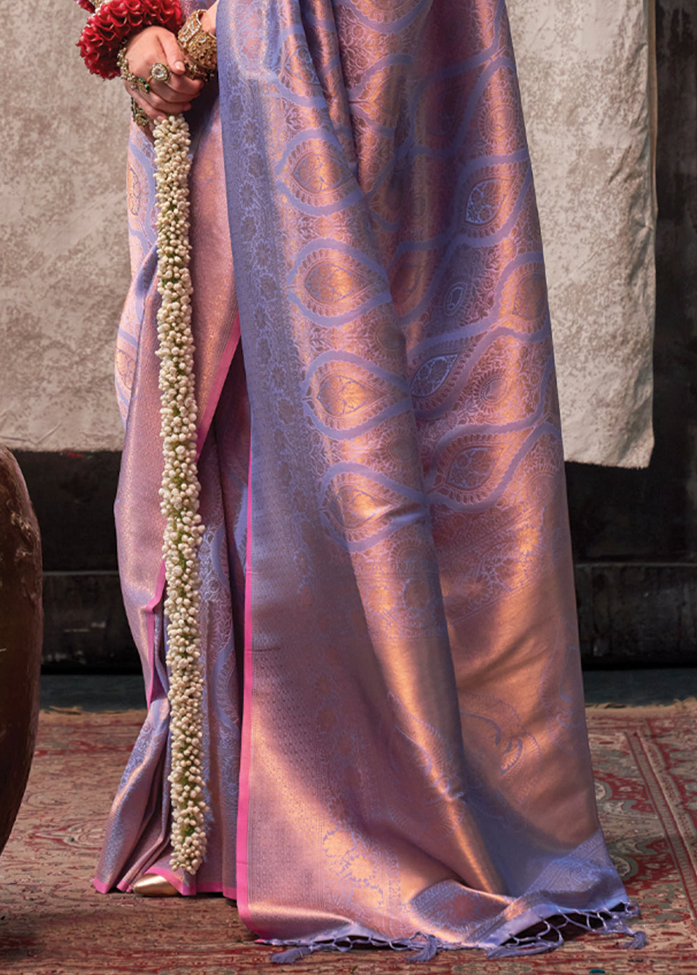 Lavender Regal Banarasi Silk Saree with Gold & Silver Zari Brocade Work ClothsVilla