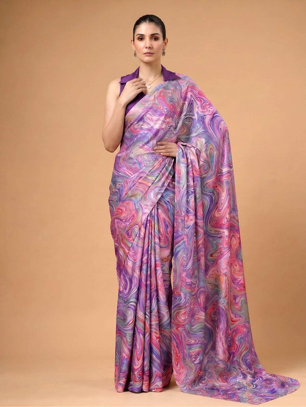 Lavender Satin Silk Printed Saree ClothsVilla Main image