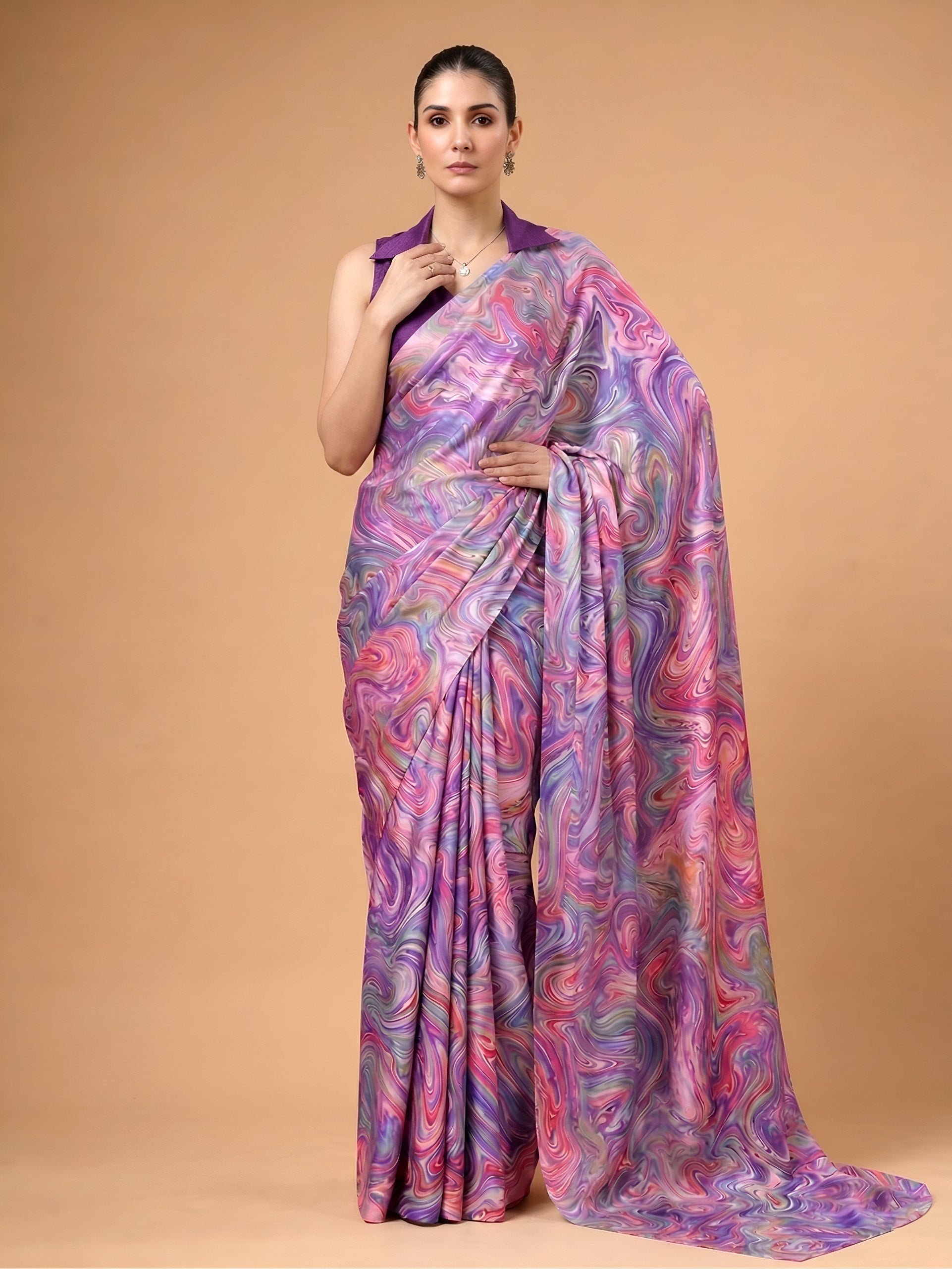 Lavender Satin Silk Printed Saree ClothsVilla Main image