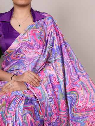 Lavender Satin Silk Printed Saree ClothsVilla