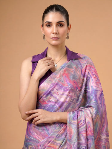Lavender Satin Silk Printed Saree ClothsVilla