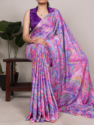 Lavender Satin Silk Printed Saree ClothsVilla