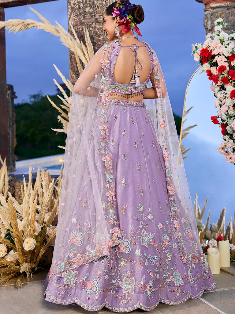 Lavender Satin Silk Sequin & Embroidery Lehenga Choli with Net Dupatta – Fully Stitched ClothsVilla