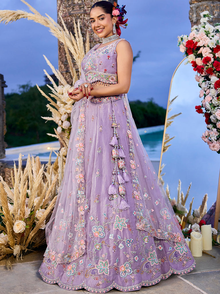 Lavender Satin Silk Sequin & Embroidery Lehenga Choli with Net Dupatta – Fully Stitched ClothsVilla