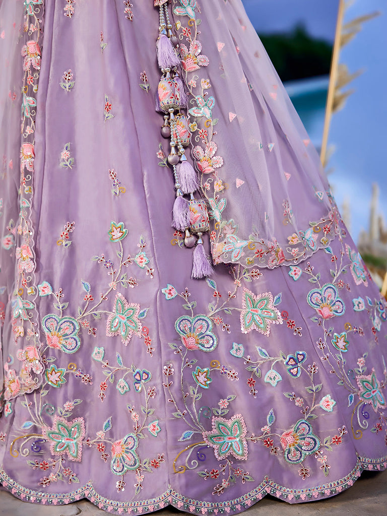 Lavender Satin Silk Sequin & Embroidery Lehenga Choli with Net Dupatta – Fully Stitched ClothsVilla