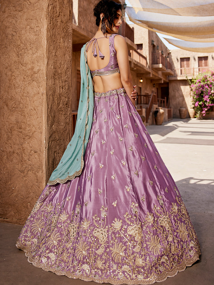 Lavender Satin Silk Sequins embroidery Semi-Stitched Lehenga choli & Dupatta Clothsvilla