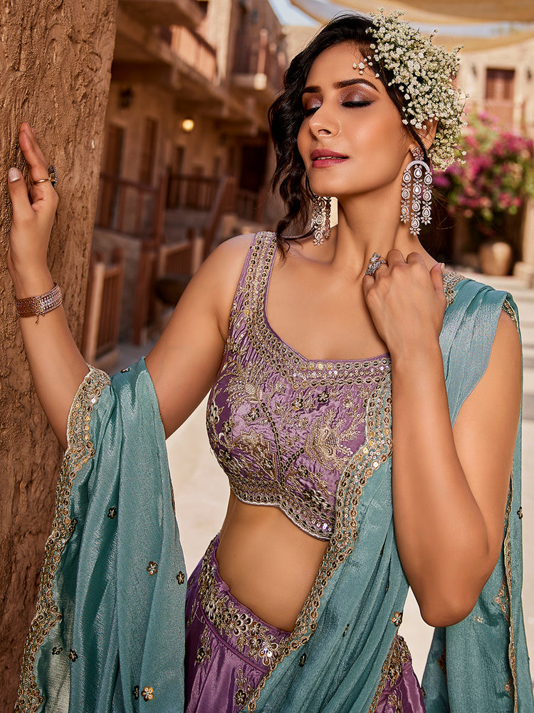Lavender Satin Silk Sequins embroidery Semi-Stitched Lehenga choli & Dupatta Clothsvilla