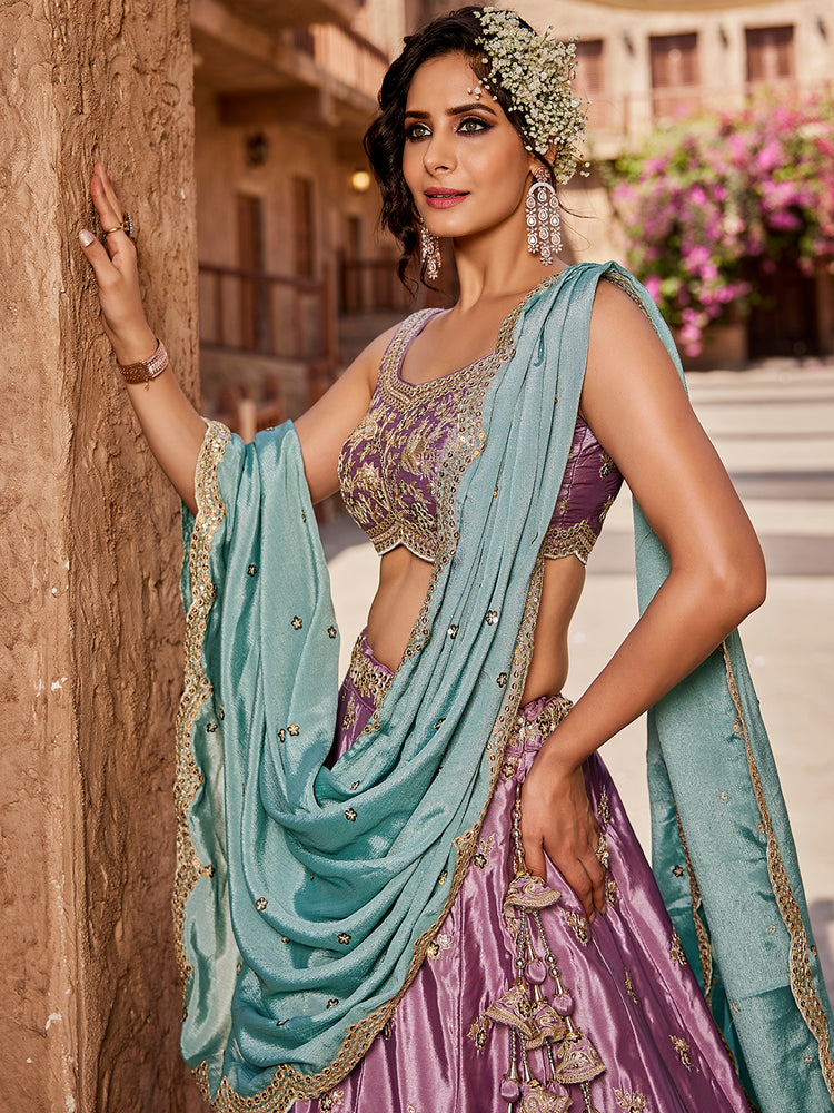 Lavender Satin Silk Sequins embroidery Semi-Stitched Lehenga choli & Dupatta Clothsvilla