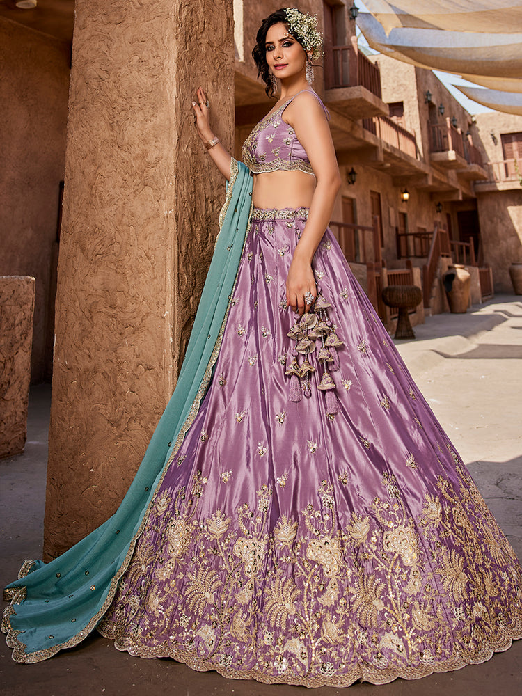Lavender Satin Silk Sequins embroidery Semi-Stitched Lehenga choli & Dupatta Clothsvilla