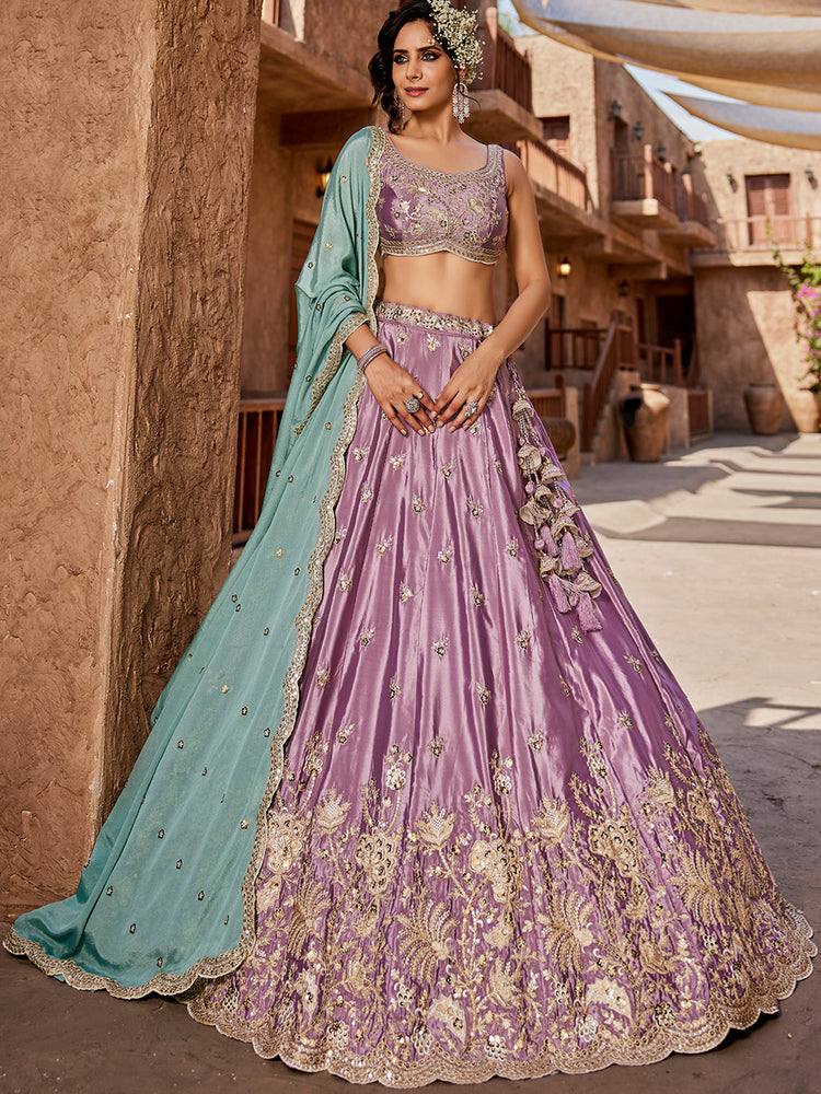 Lavender Satin Silk Sequins embroidery Semi-Stitched Lehenga choli & Dupatta Clothsvilla Main image