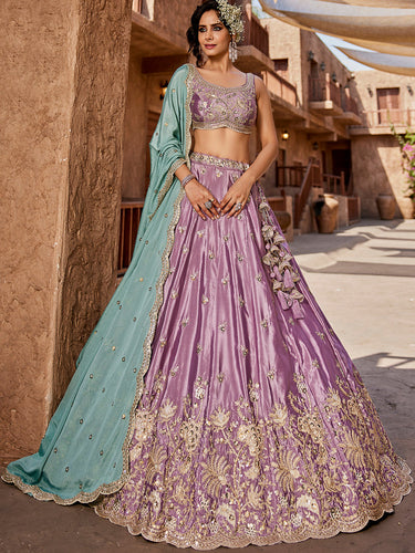 Lavender Satin Silk Sequins embroidery Semi-Stitched Lehenga choli & Dupatta Clothsvilla