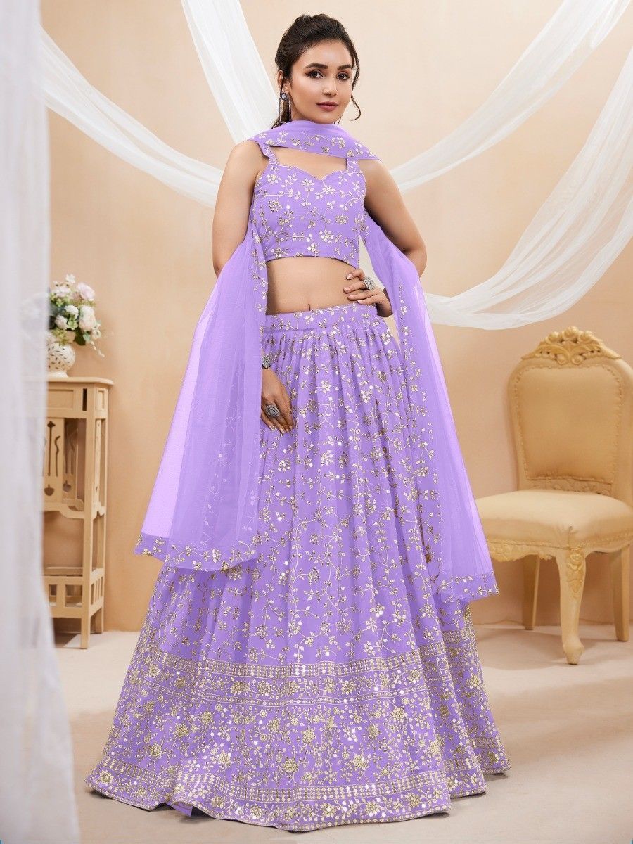 Lavender Sequins Georgette Lehenga Choli With Dupatta ClothsVilla