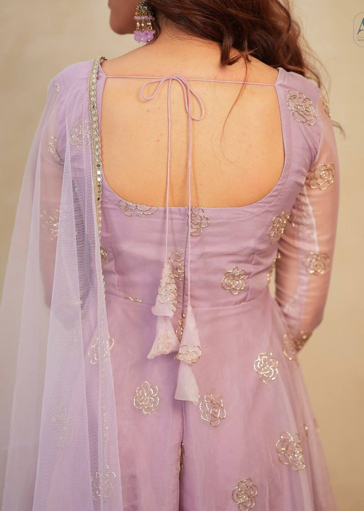 Lavender Soft Organza Hand-Embroidered Gown Set with Full Sleeves, Cotton Lining, Micro Cotton Pants & Matching Dupatta ClothsVilla