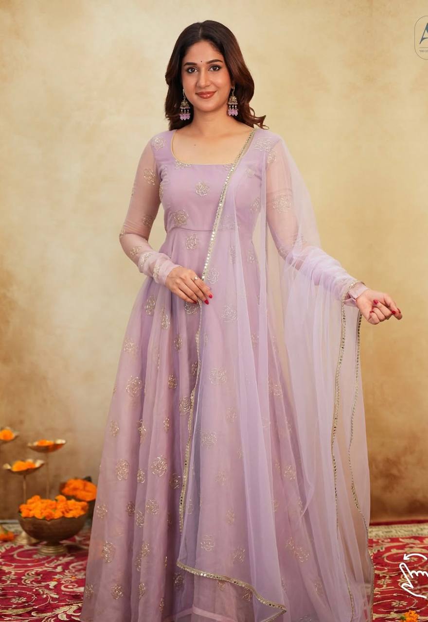 Lavender Soft Organza Hand-Embroidered Gown Set with Full Sleeves, Cotton Lining, Micro Cotton Pants & Matching Dupatta ClothsVilla