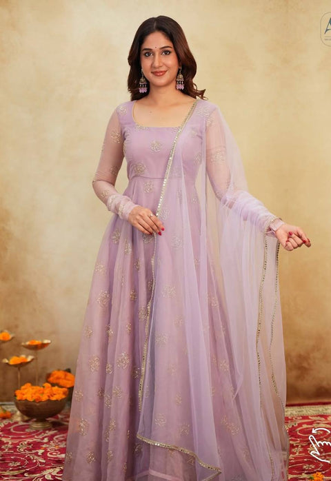 Lavender Soft Organza Hand-Embroidered Gown Set with Full Sleeves, Cotton Lining, Micro Cotton Pants & Matching Dupatta ClothsVilla Main image