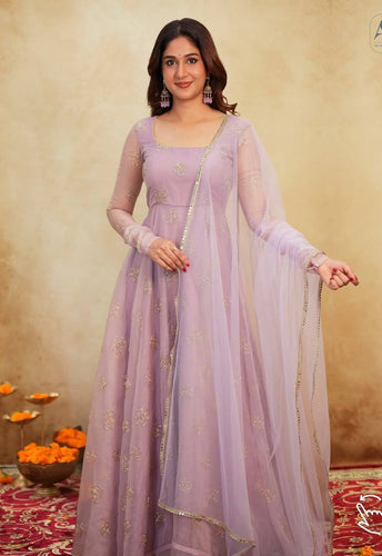 Lavender Soft Organza Hand-Embroidered Gown Set with Full Sleeves, Cotton Lining, Micro Cotton Pants & Matching Dupatta ClothsVilla