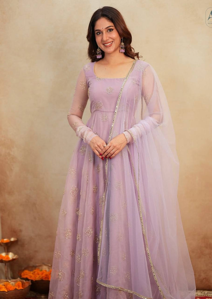 Lavender Soft Organza Hand-Embroidered Gown Set with Full Sleeves, Cotton Lining, Micro Cotton Pants & Matching Dupatta ClothsVilla